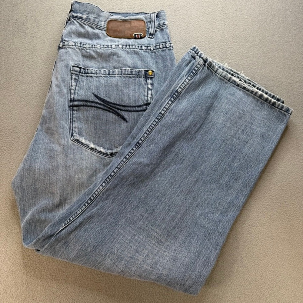 Phat Farm Jeans Men 38x30 Blue Wide Leg Baggy Hip Hop Y2K 90s Denim Embroidered